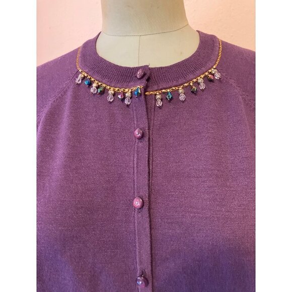 Judith Hart Collection Women's Large Purple Cardigan Jewel Collar Silk Blend - Picture 4 of 9